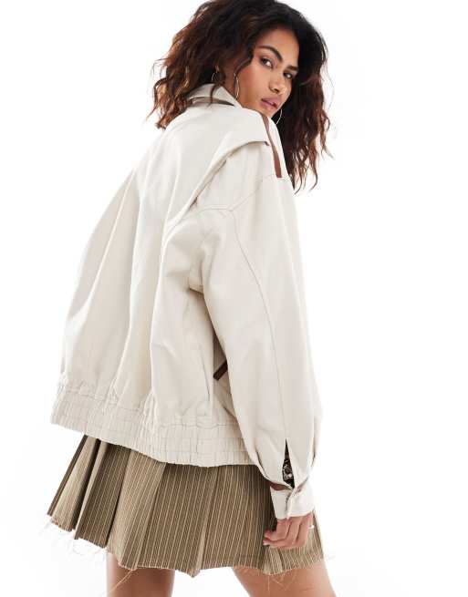 Lioness collar detail bomber jacket with leather look trim in beige, 4 of 4