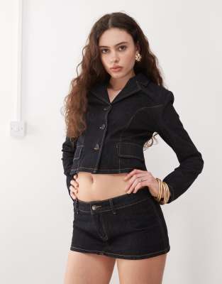 Lioness contrast stitch button front cropped jacket co-ord in dark wash denim-Blue