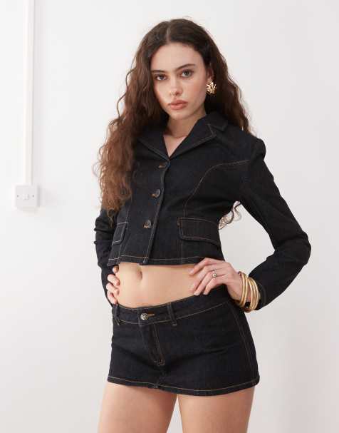 Lioness contrast stitch button front cropped jacket co-ord in dark wash denim