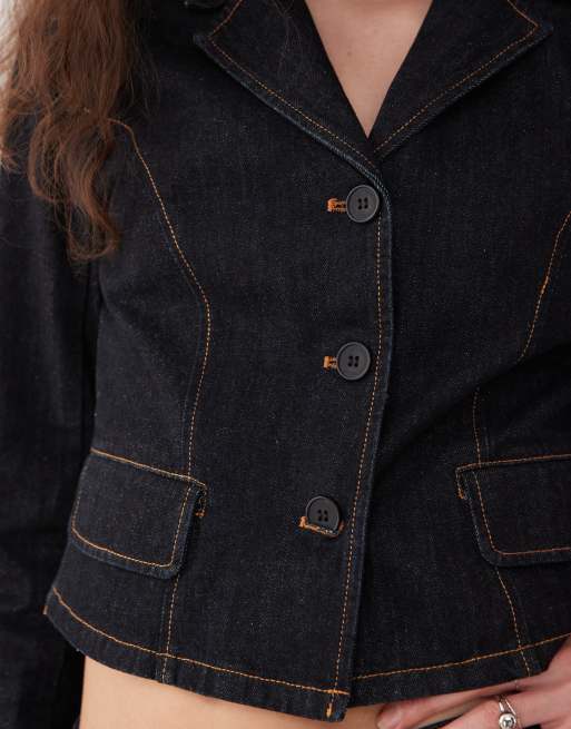 Lioness contrast stitch button front cropped jacket in dark wash denim - part of a set, 2 of 4