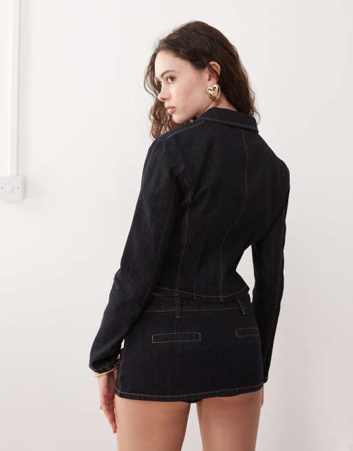 Lioness contrast stitch button front cropped jacket in dark wash denim - part of a set, 4 of 4