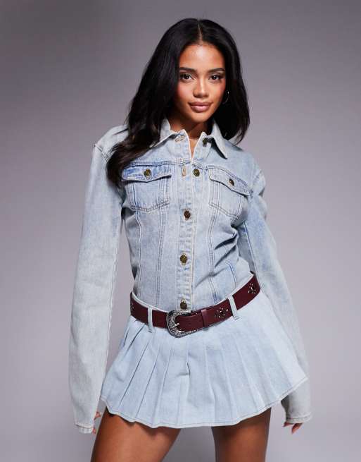Lioness - Coordinato in denim lavaggio chiaro con giacca con dettaglio arricciato e gonna pantalone corta a pieghe