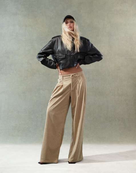 Lioness corduroy slouchy low rise tie detail wide leg trousers in beige - view 1