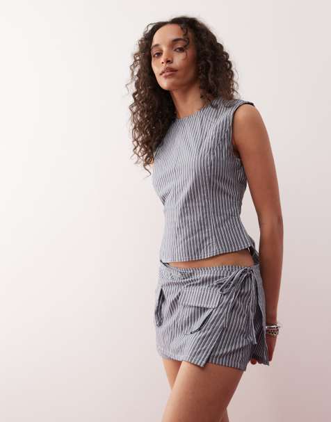 Lioness Countryside bow tie back tailored crop top and skort co-ord in charcoal stripe - view 1