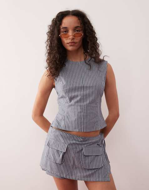 Lioness Countryside bow tie back tailored crop top co-ord in charcoal stripe - view 1