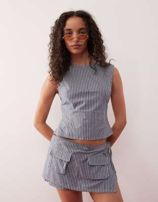 Lioness Countryside bow tie back tailored crop top in charcoal stripe - part of a set - view 1