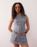 [Lioness] Lioness Countryside bow tie back tailored crop top in charcoal stripe (Part of a set)-Grey S Charcoal Stripe