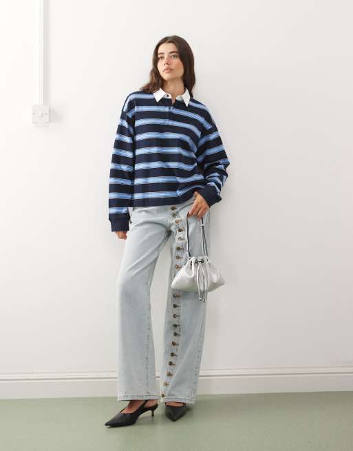Lioness Countryside contrast collar detail cuffed oversized jersey top in blue stripe, 2 of 4