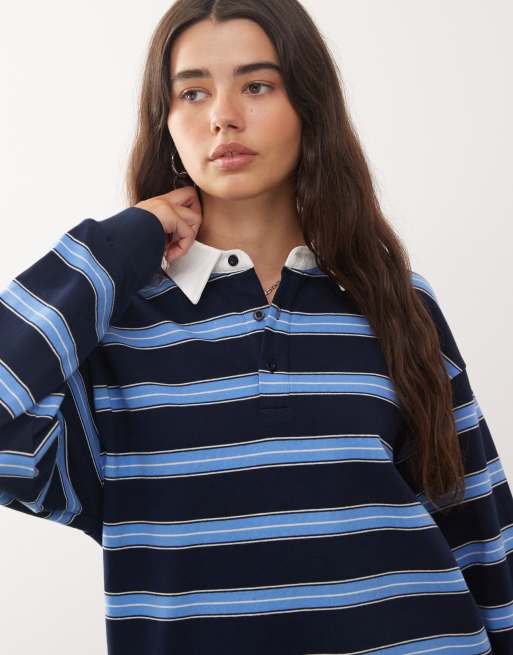 Lioness Countryside contrast collar detail cuffed oversized jersey top in blue stripe, 3 of 4
