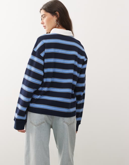 Lioness Countryside contrast collar detail cuffed oversized jersey top in blue stripe, 4 of 4