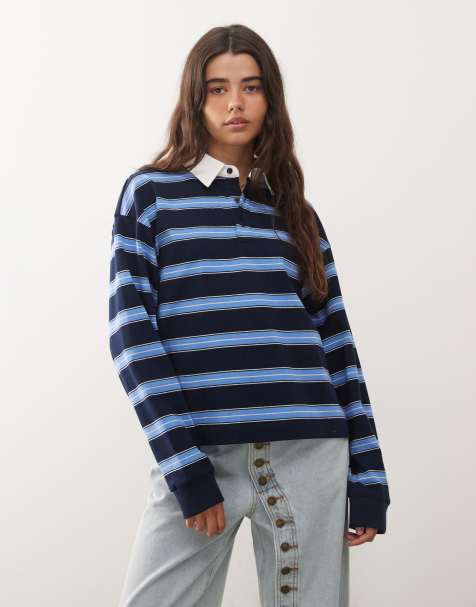 Lioness - Countryside - Oversized gestreepte top van jersey met contrasterende kraag en manchetten in blauw - view 1