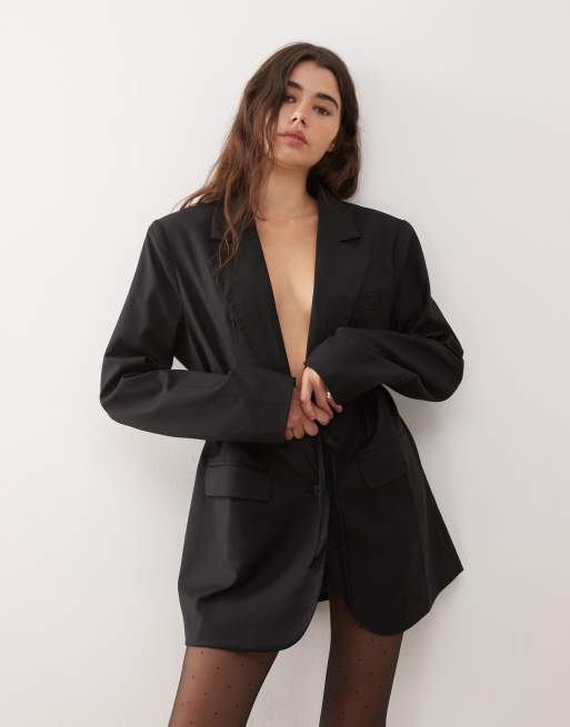 Lioness – Czarna sukienka mini oversize o fasonie marynarki ze zwężaną talią z wiązaniem