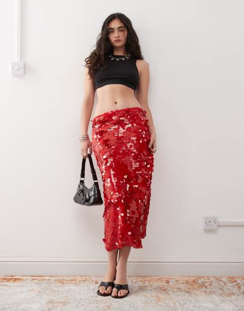 Lioness low waisted disc sequin midaxi skirt in red
