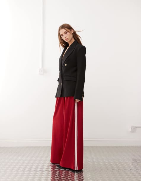 Lioness pleat detail side stripe wide leg tailored trousers in red