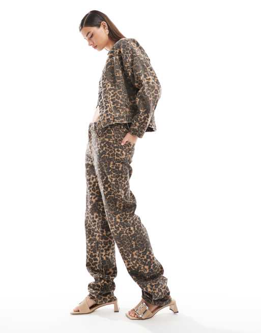 Lioness - Denim co-ord set met jack en jeans met lage taille en luipaardprint in multi
