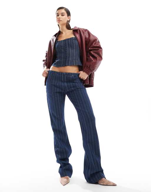 Lioness - Denim jeans met lage taille en uitlopende pijpen in donkerblauwe krijtstreep, deel van co-ord set