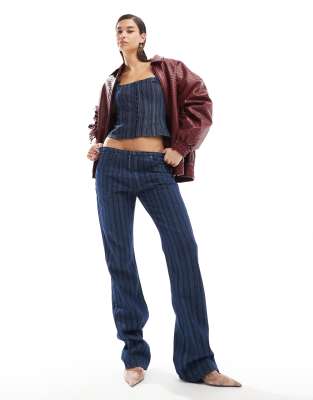 denim low rise flared leg jeans in dark blue pinstripe - part of a set-Navy