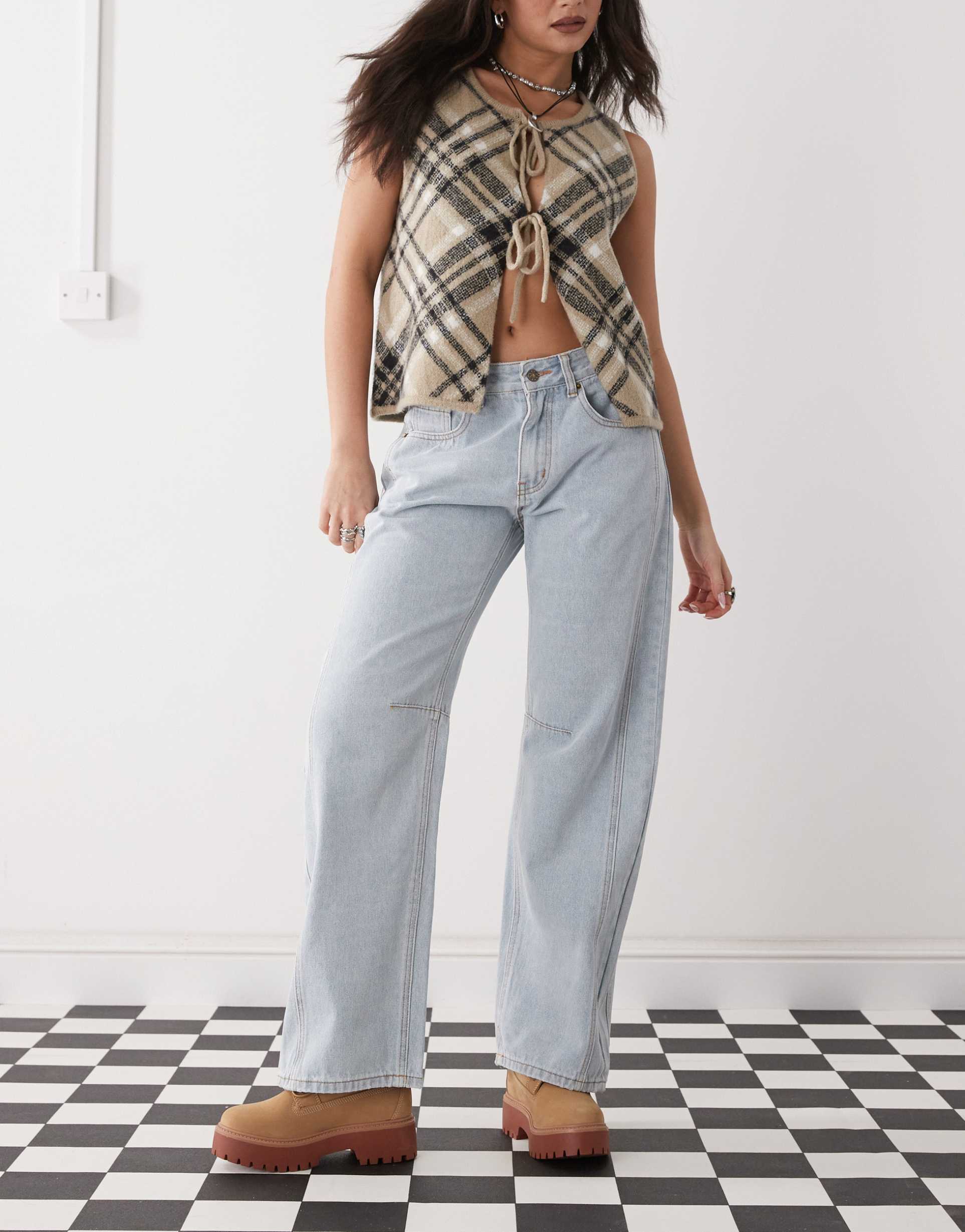 lioness denim lowrise barrel leg side seam detail jeans in light blue wash