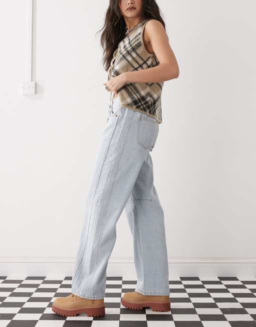 Lioness denim lowrise barrel leg side seam detail jeans in light blue wash, 3 of 5