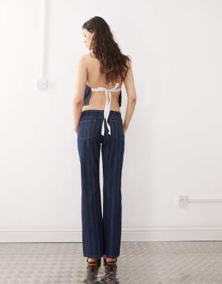 Lioness Denim Halterneck Contrast Bow Split Front Top In Navy