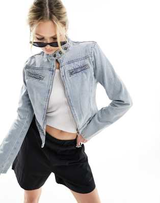 Lioness Denim Moto Jacket In Washed Blue