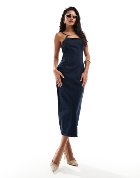 Lioness denim strappy square neck midi dress in indigo - view 1