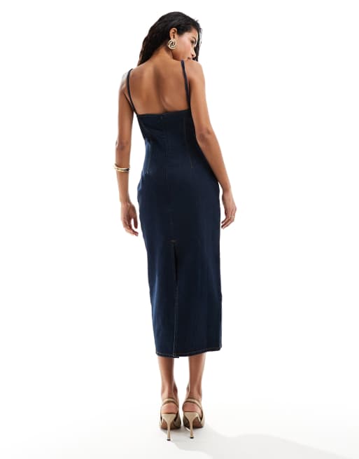 Lioness denim strappy square neck midi dress in indigo, 4 of 4