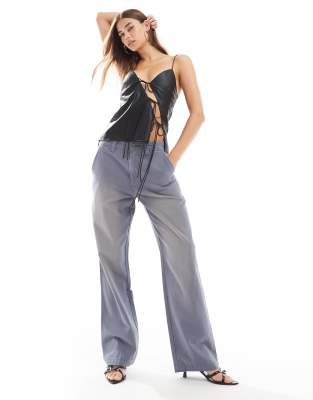 Lioness distressed wide leg worker jeans in petrol-Blue