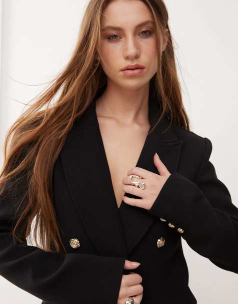 Lioness double breasted blazer with gold button hardware in black - view 1