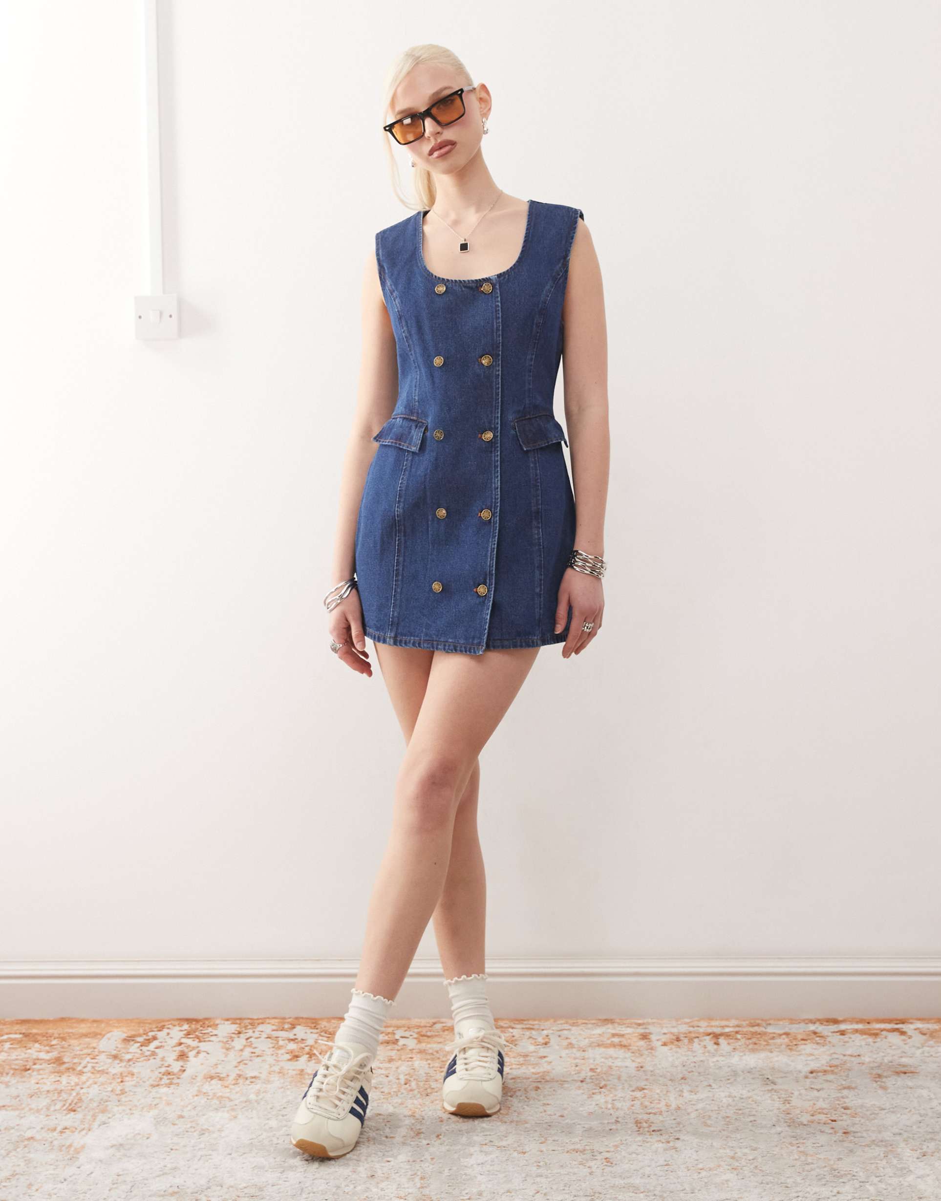 lioness double button front pocket detail denim mini dress in mid blue wash