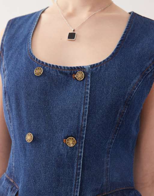 Lioness double button front pocket detail denim mini dress in mid blue wash, 2 of 4