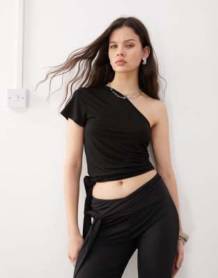 Lioness double layered slinky one shoulder tie side top co-ord in black