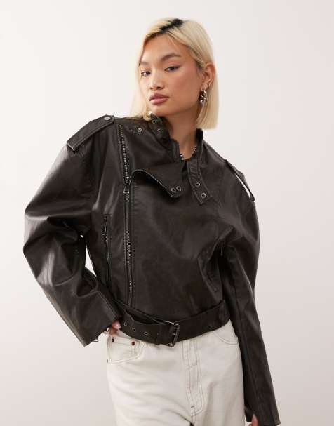 Lioness Driftwood faux leather structured wide sleeve buckle detail biker jacket in black