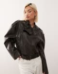 [Lioness] Lioness Driftwood faux leather structured wide sleeve buckle detail biker jacket in black S BLACK