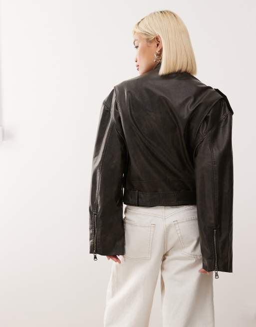 Lioness Driftwood faux leather structured wide sleeve buckle detail biker jacket in black, 4 of 4