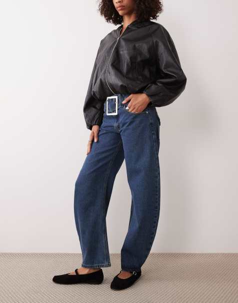 Lioness Dynasty balloon jean with belt detail in mid wash blue - view 1