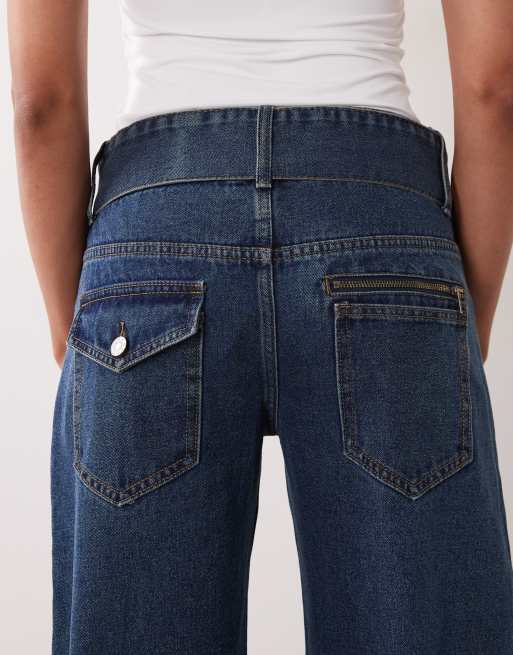 Lioness Dynasty balloon jean with belt detail in mid wash blue, 4 of 5