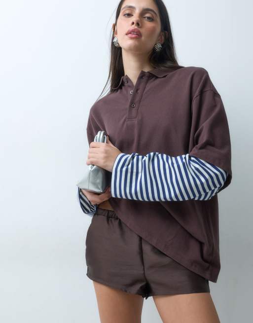 Lioness eksklusiv Calla 2-i-1 oversized poloshirt og stribet langærmet skjorte i chokolade og blå stribe, 5 af 5