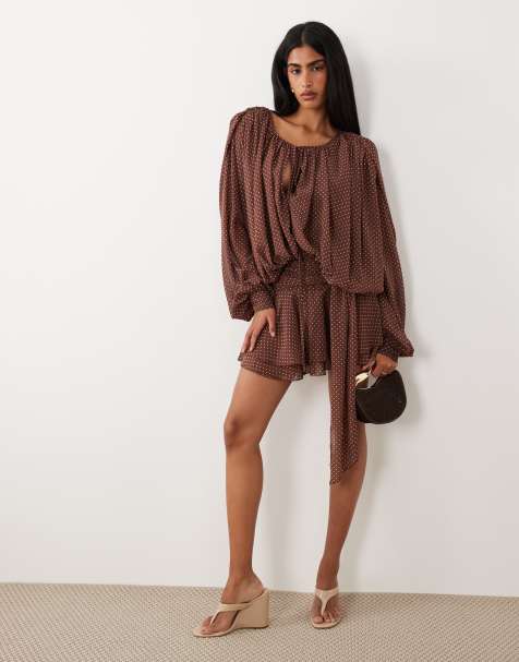 Lioness Elements chiffon drape detail balloon sleeve tie waist mini dress in chocolate and cream polka dots - view 1