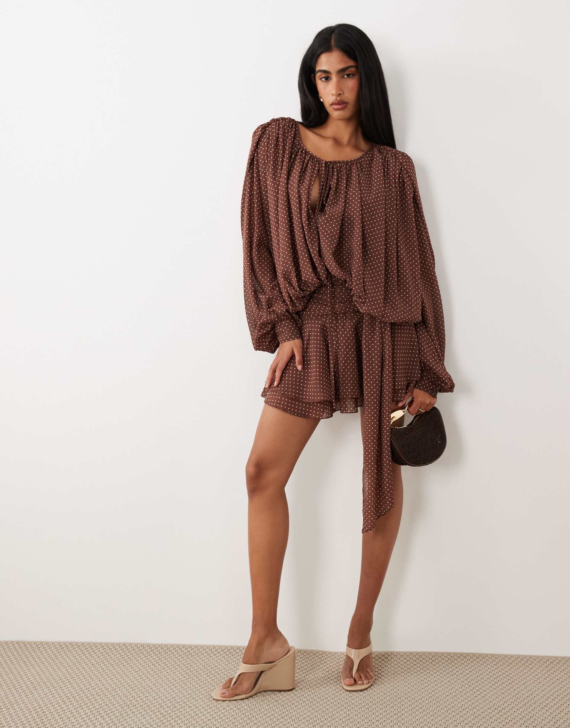 lioness elements chiffon drape detail balloon sleeve tie waist mini dress in chocolate and cream polka dots