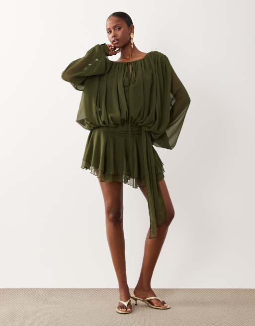 Lioness Elements chiffon drape detail balloon sleeve tie waist mini dress in khaki, 2 of 4