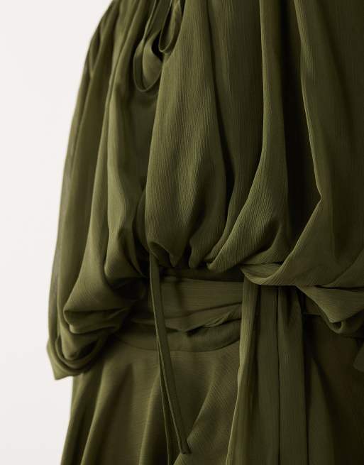 Lioness Elements chiffon drape detail balloon sleeve tie waist mini dress in khaki, 3 of 4