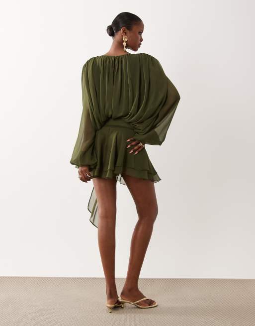 Lioness Elements chiffon drape detail balloon sleeve tie waist mini dress  in khaki | ASOS