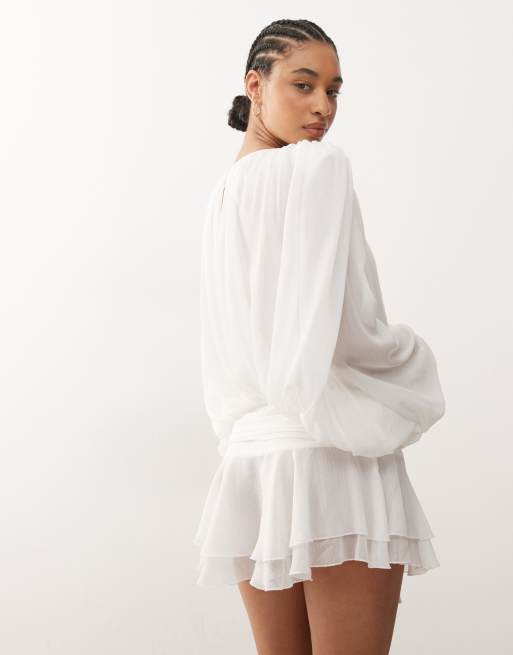 Lioness Elements chiffon draped detailing handkerchief hem mini dress in white