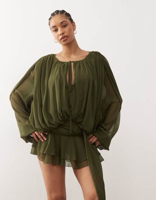 Lioness Elements chiffon drape detail fairy hem mini dress in khaki