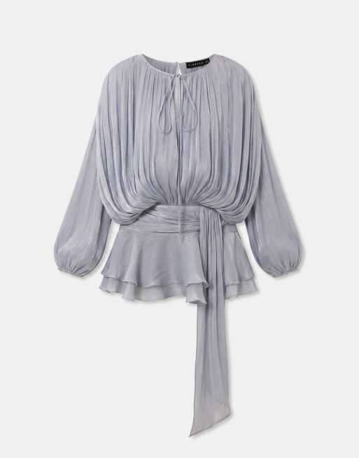 Lioness Elements chiffon-minikjole med høj glans, draperet detalje, ballonærmer og bindebælte i babyblå, 6 af 7
