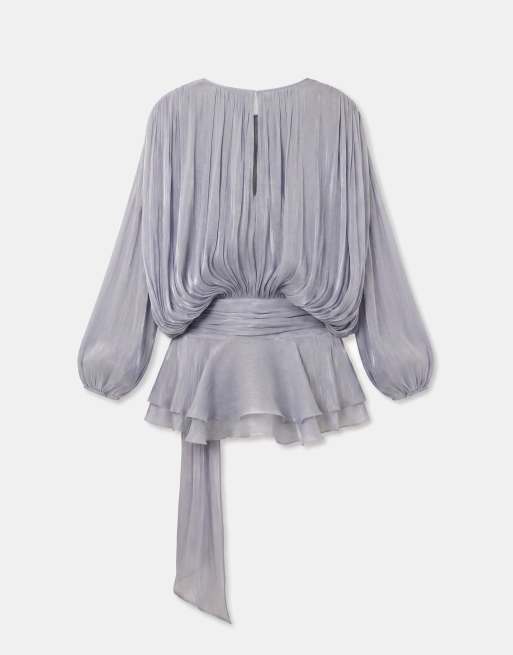 Lioness Elements chiffon-minikjole med høj glans, draperet detalje, ballonærmer og bindebælte i babyblå, 7 af 7