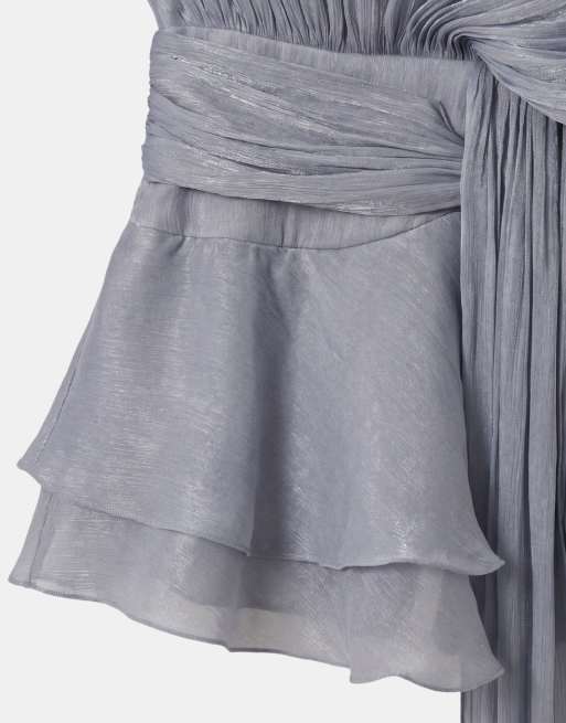Lioness Elements Chiffon-Minikleid mit glänzendem Finish, Drapé-Detail, Ballonärmeln und Bindegürtel in Babyblau, 9 von 9