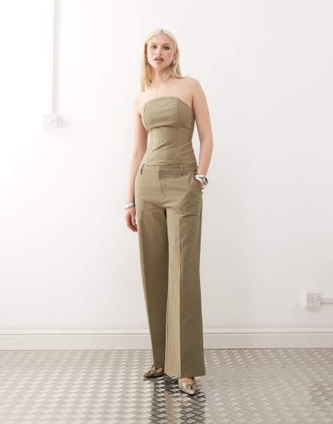 Lioness - Elements - Co-ord set van top met linnenlook en elegante katoenen broek met wijde pijpen en lage taille in saliegroen - view 1