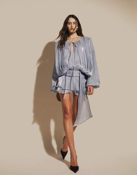 Lioness Elements high sheen chiffon drape detail balloon sleeve tie waist mini dress in baby blue - view 1